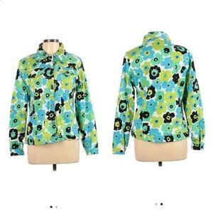 Whimsical 70's Flower Sequin Shaket Jean Jacket Floral Button Down Pockets Sz 10